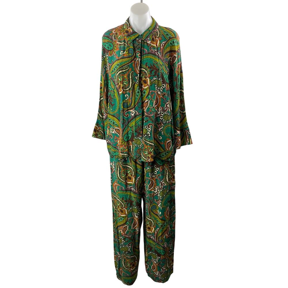 BSL Women's Green Paisley Floral Long Sleeve Button Up Pants 2 Piece Set Size L